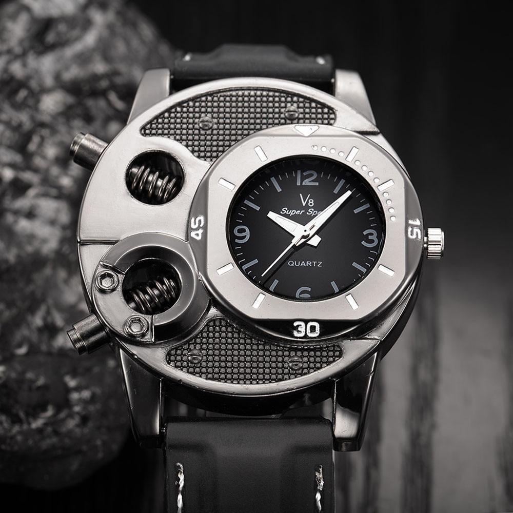 Men's Chronograph Luxury Leather Watch - Black & Silver Modern Style