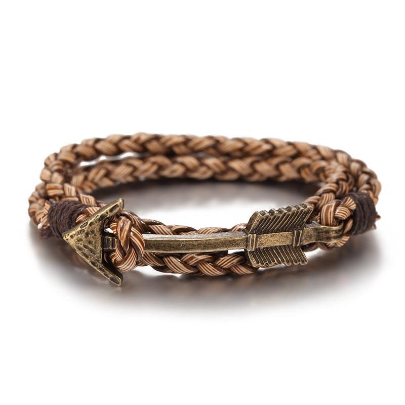 Vintage Multilayer Leather Anchor Bracelet with Bronze Arrow