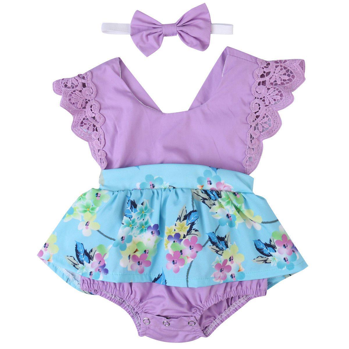 Baby Girl Floral Romper Dress in Purple or Teal with Headband