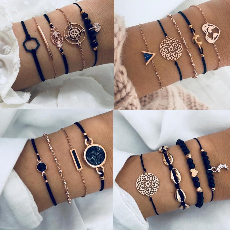 Bohemian gold-tone layered bracelet set with heart and compass charms