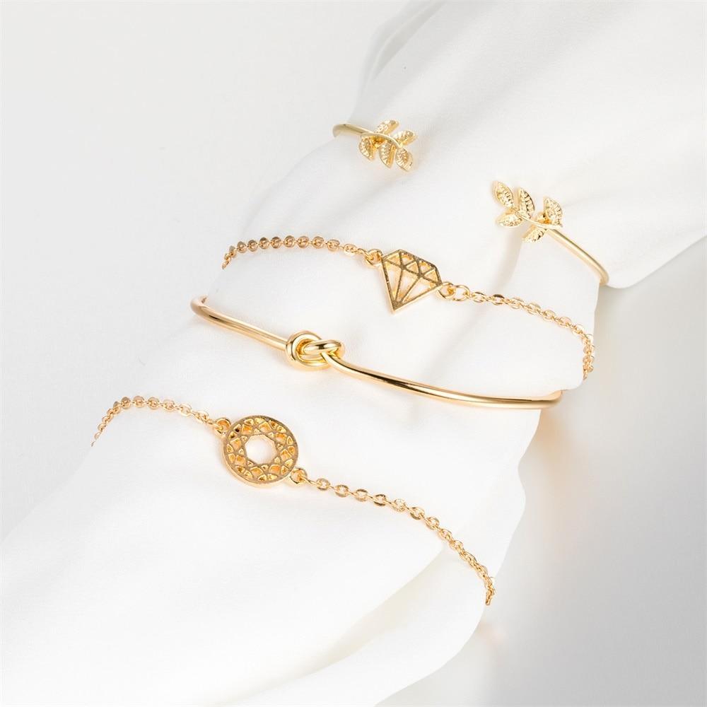 Adjustable Bohemian Gold-Tone Leaf Geometric Cuff Bangle