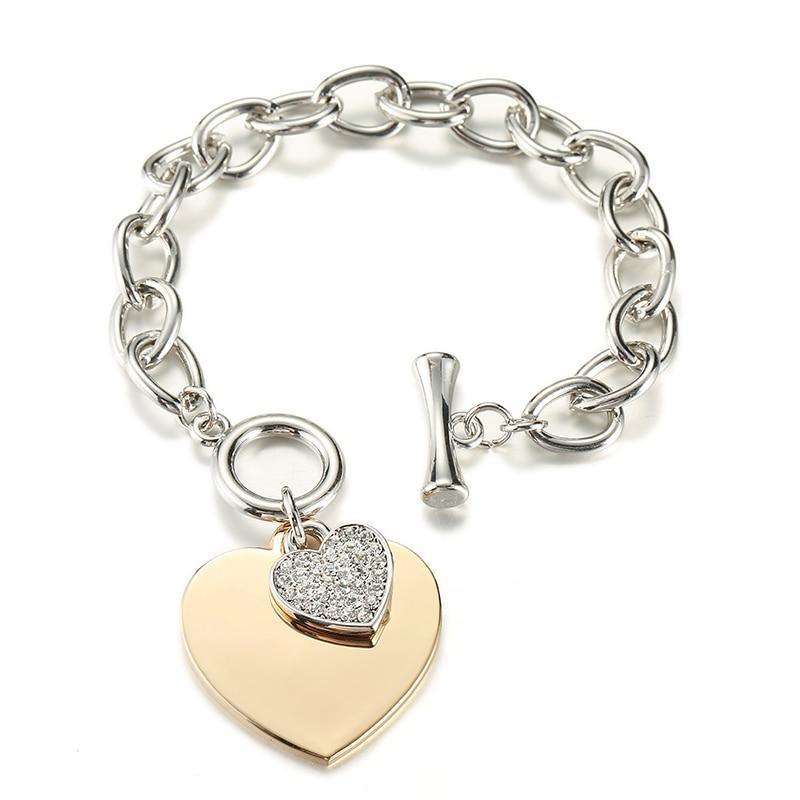 Dainty Heart Charm Link Chain Bracelet in Polished Silver Tone