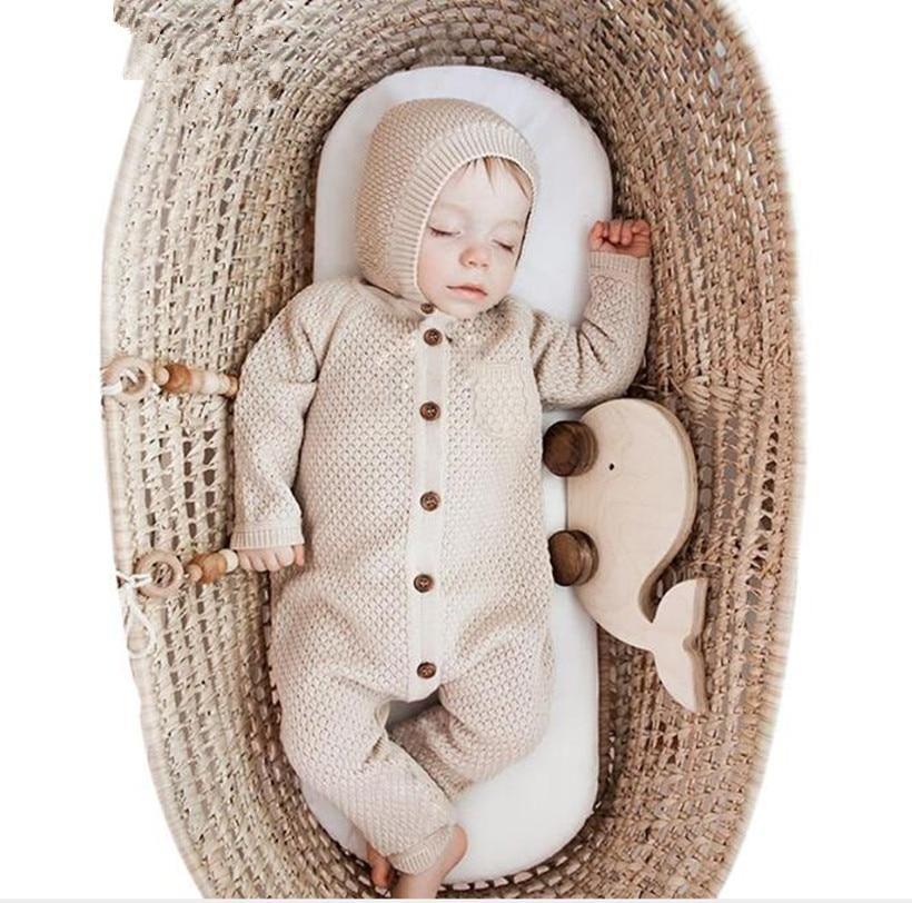 Classic Knitted Cotton Baby Romper with Hat Set for Winter