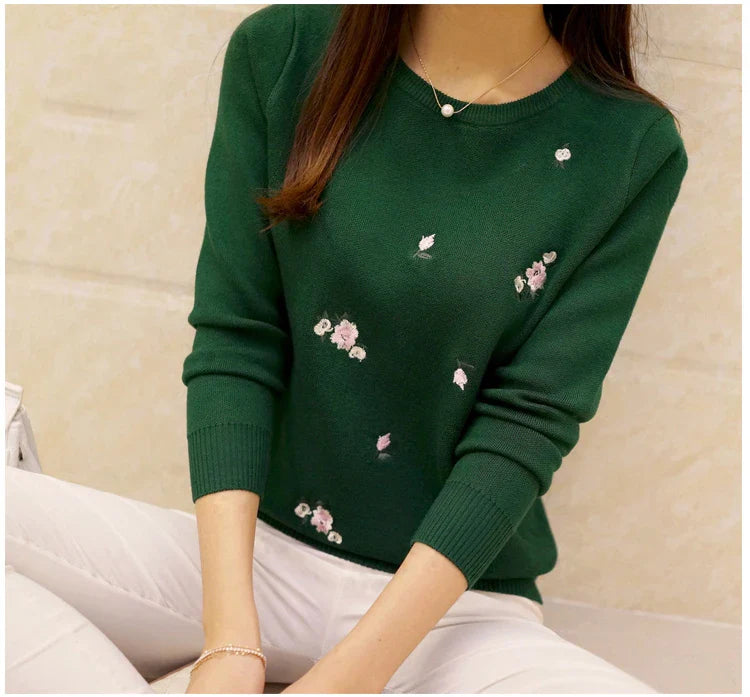 Women Floral Embroidered Knit Sweater Long Sleeve Pullover - Image 15