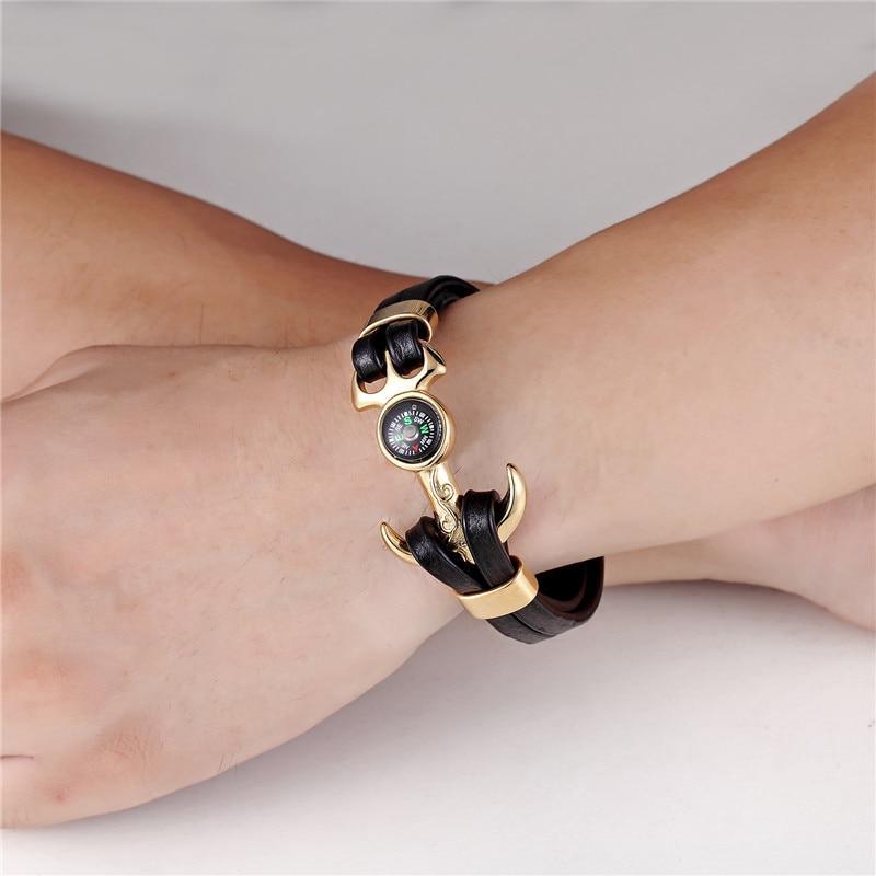 Multi-Layer Leather & Stainless Steel Nautical Charm Bracelet