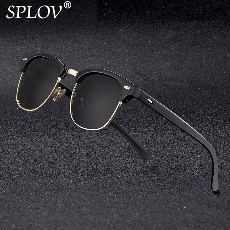 Semi-rimless retro polarized sunglasses in classic black and gold.