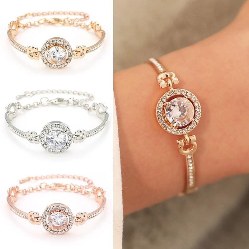 Luxury multi-layer bangle bracelet with zircon and rhinestones in gold, silver, and rose-gold