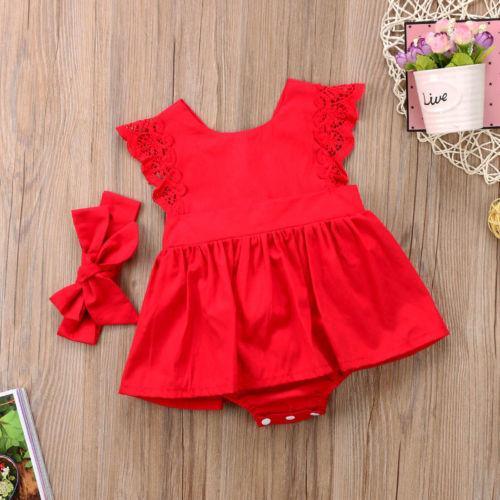 Red Lace Ruffle Romper Dress with Headband for Baby Girls