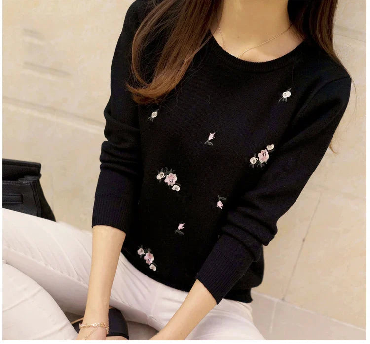 Women Floral Embroidered Knit Sweater Long Sleeve Pullover - Image 11