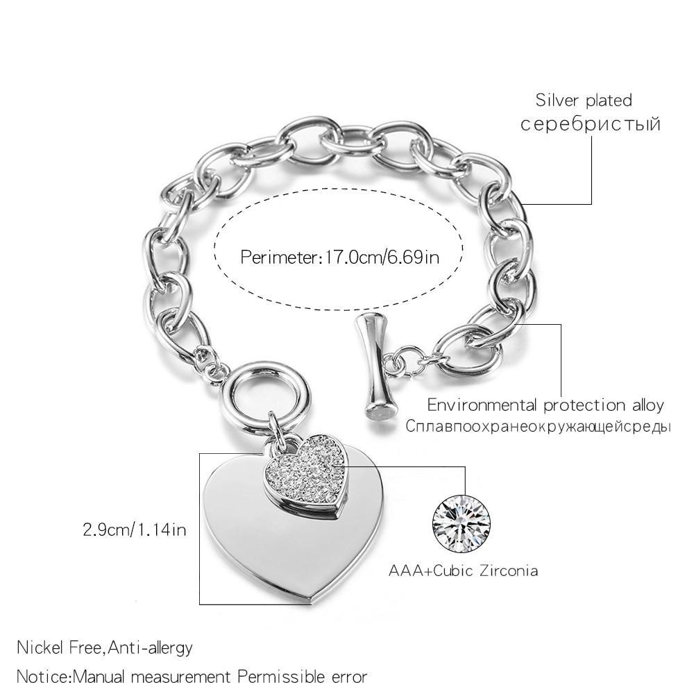 Dainty Heart Charm Link Chain Bracelet in Polished Silver Tone