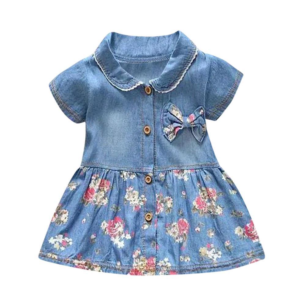 Floral Print Bowknot Princess Dress for Girls - Denim & Cotton Blend