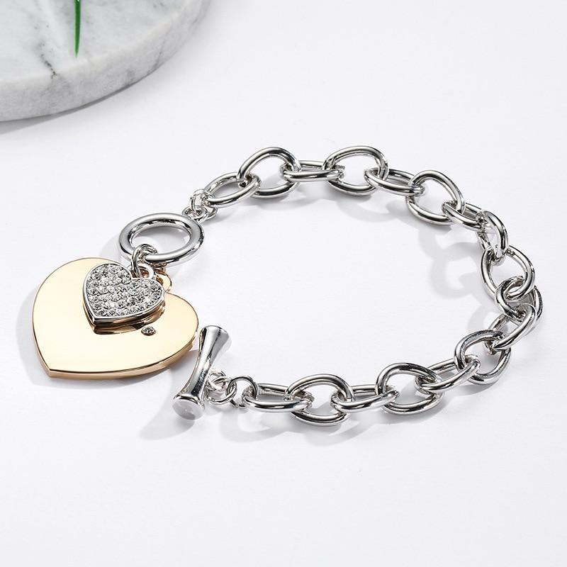 Dainty Heart Charm Link Chain Bracelet in Polished Silver Tone