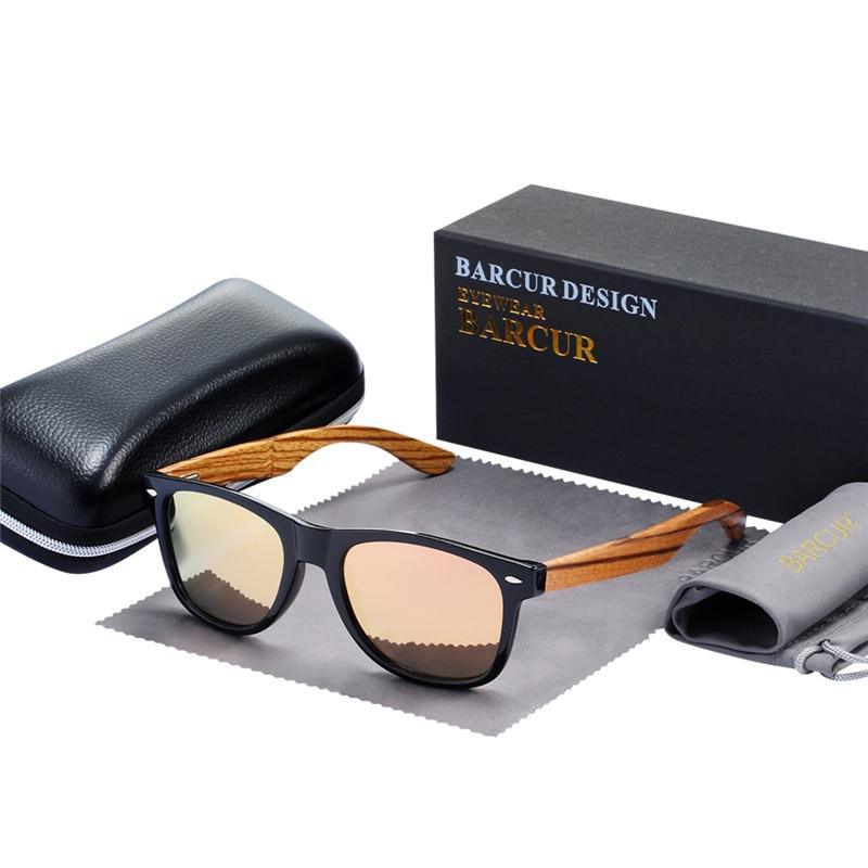 Natural Zebra Wood Polarized Sunglasses - Rectangle Mirror Lens