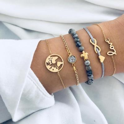 Boho Crystal Marble Heart Cuff Bracelet - Gold Infinity Love Knot