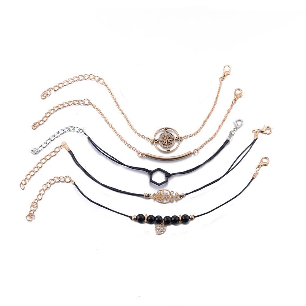 Bohemian Gold Tone Layered Chain Bracelet Set with Compass Charm