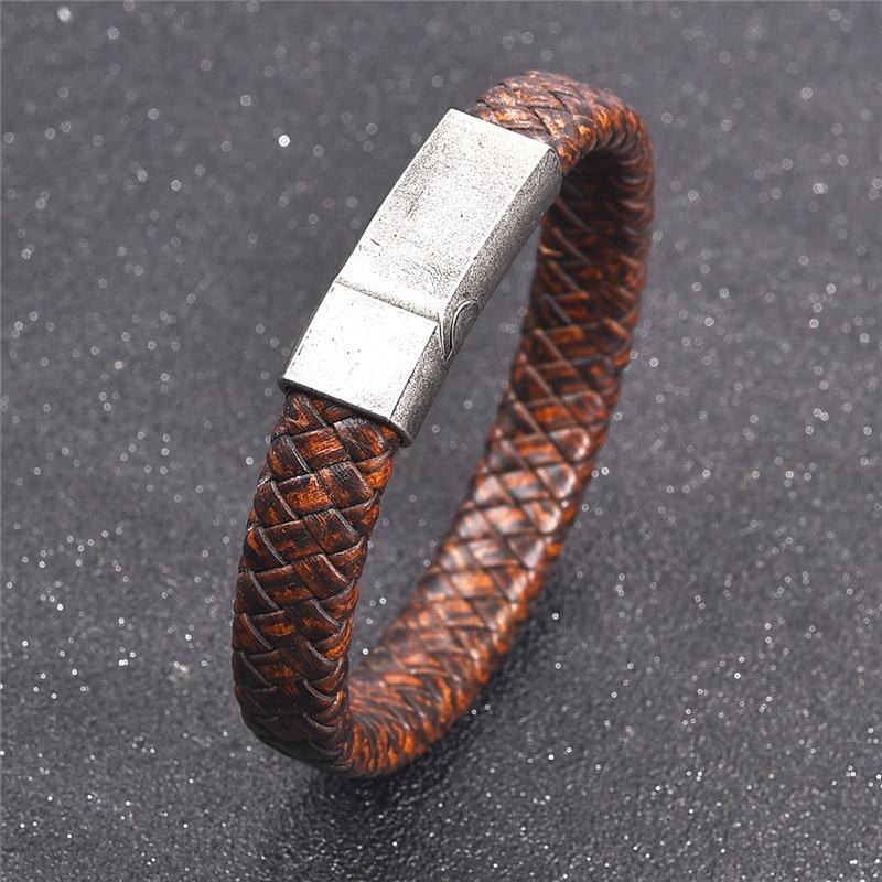 Handmade Braided Leather and Stainless Steel Magnetic Bracelet