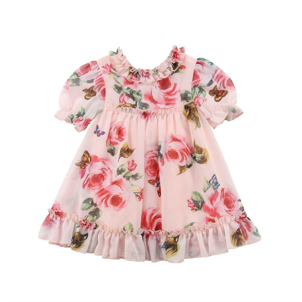 Floral Chiffon A-Line Dress with Lace Ruffle Sleeves