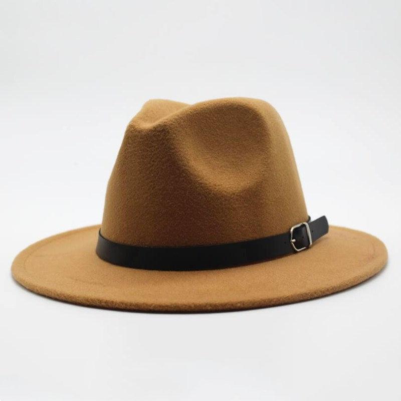Vintage Wide Brim Fedora Hat with Buckle - Retro Wool Blend Cap