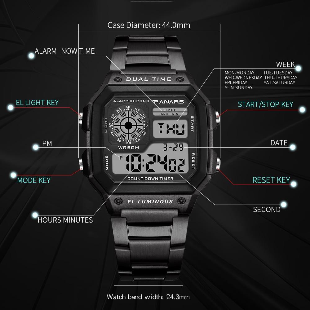 Unisex Retro Square Digital Sport Watch with Stainless Steel Band