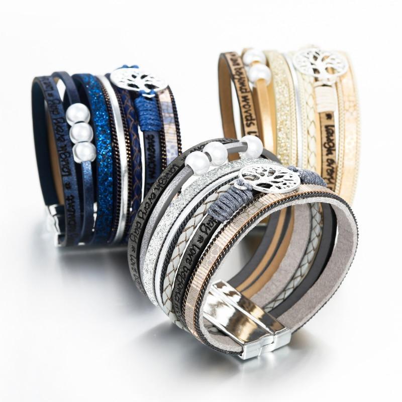 Multilayer Leather Tree of Life Charm Cuff Bracelet for Women