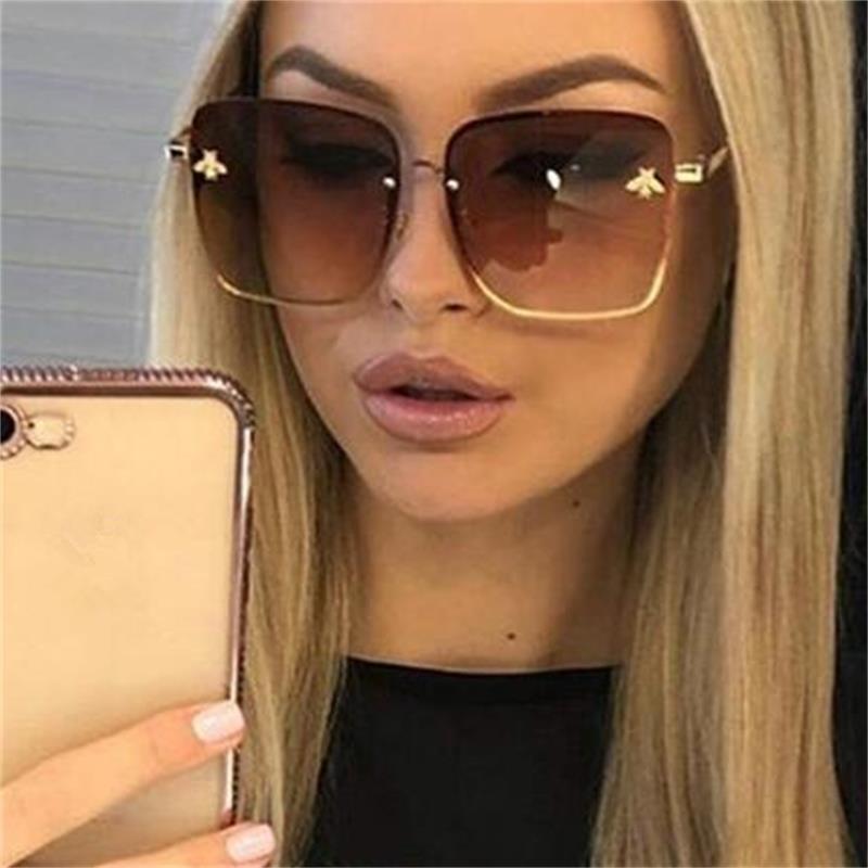 Glamorous women's oversized square metal bee sunglasses with gradient lenses