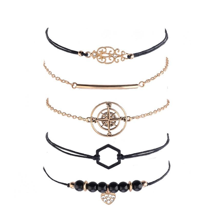 Bohemian Gold Tone Layered Chain Bracelet Set with Compass Charm