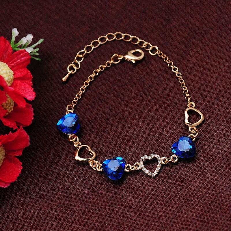 Double Heart Crystal Charm Bracelet in Romantic Gold Tone