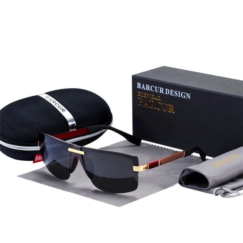 Men's rimless aviator sunglasses with bayonet temples in black and gold.