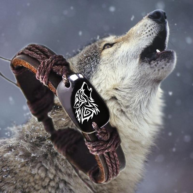 Wolf Animal Head Woven Rope Leather Bracelet with Magnetic Clasp