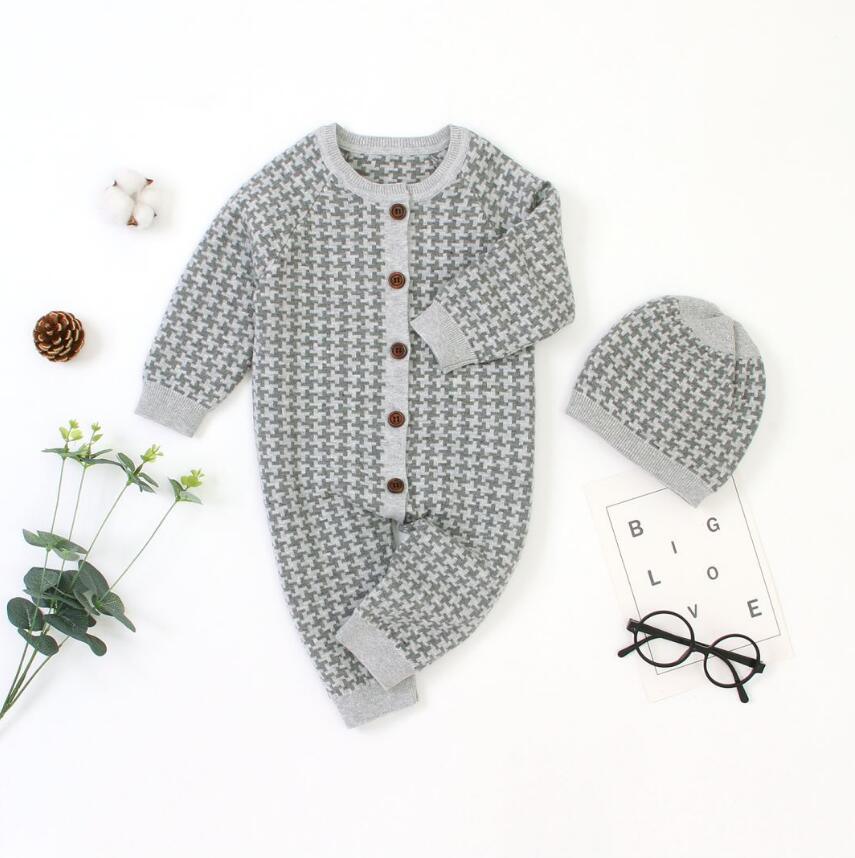 Knitted Newborn Baby Romper with Plaid Hat Cotton Jumpsuit