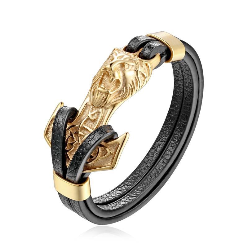 Men's Multi-Layer Braided Leather Anchor and Lion Charm Bracelet