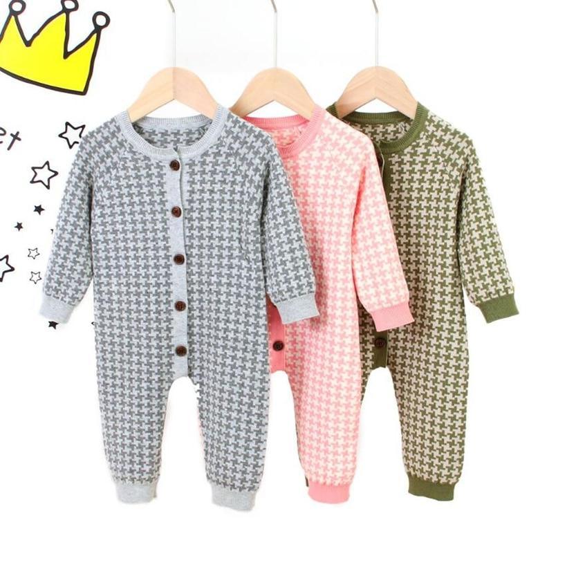 Knitted Newborn Baby Romper with Plaid Hat Cotton Jumpsuit