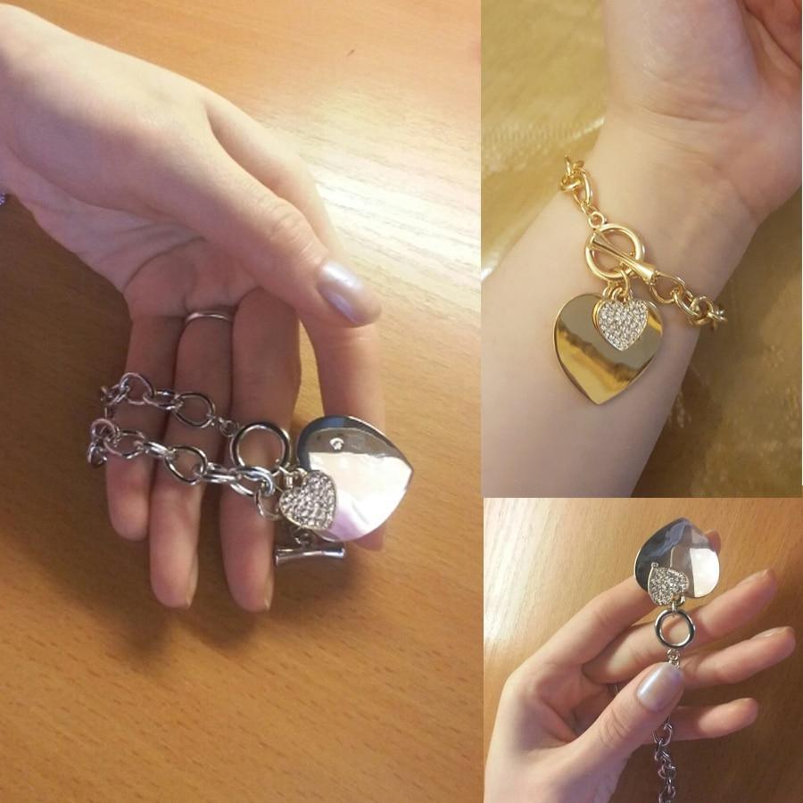 Dainty Heart Charm Link Chain Bracelet in Polished Silver Tone