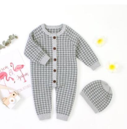 Knitted Newborn Baby Romper with Plaid Hat Cotton Jumpsuit
