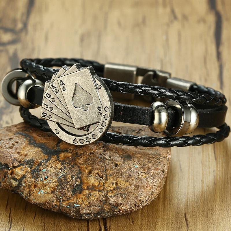 Vintage Men's Leather Playing Card Charm Multilayer Bracelet
