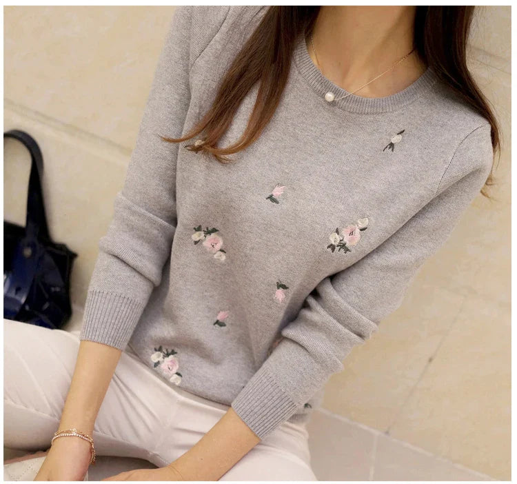 Women Floral Embroidered Knit Sweater Long Sleeve Pullover - Image 8