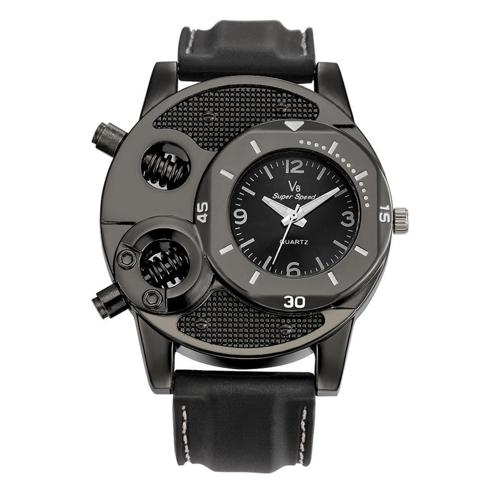 Men's Chronograph Luxury Leather Watch - Black & Silver Modern Style