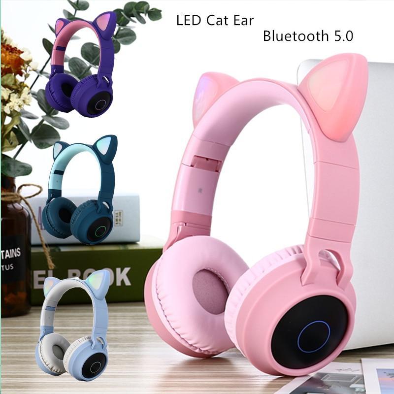 Kawaii style LED cat ear headphones in pink, blue, and white colors.