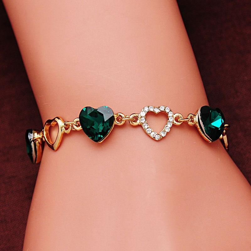 Double Heart Crystal Charm Bracelet in Romantic Gold Tone