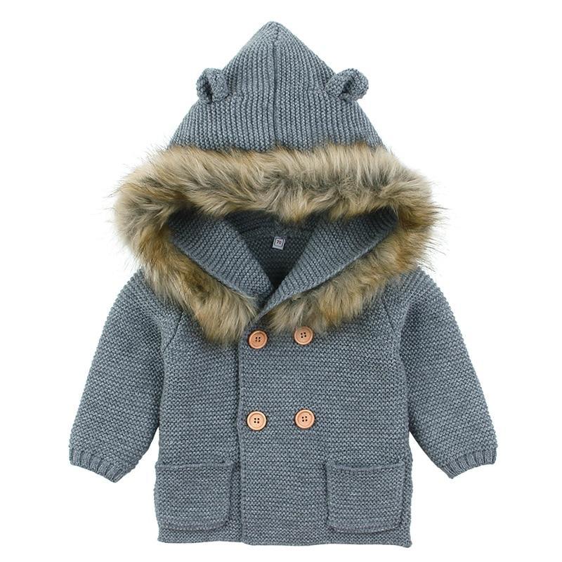 Baby Hooded Bear Cardigan - Fleece-Lined Winter Sweater Jacket