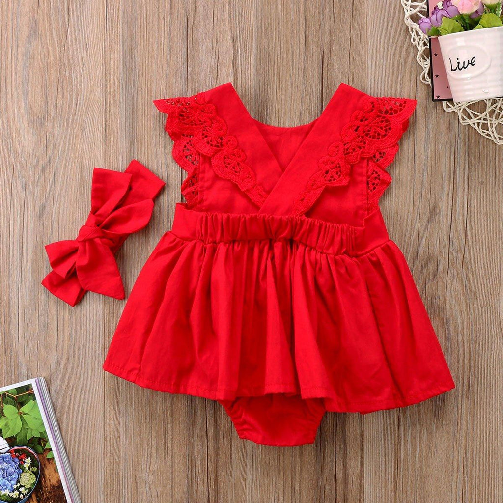 Red Lace Ruffle Romper Dress with Headband for Baby Girls