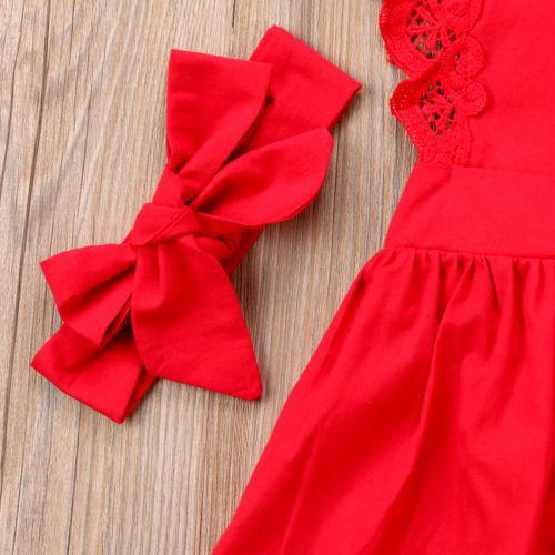 Red Lace Ruffle Romper Dress with Headband for Baby Girls