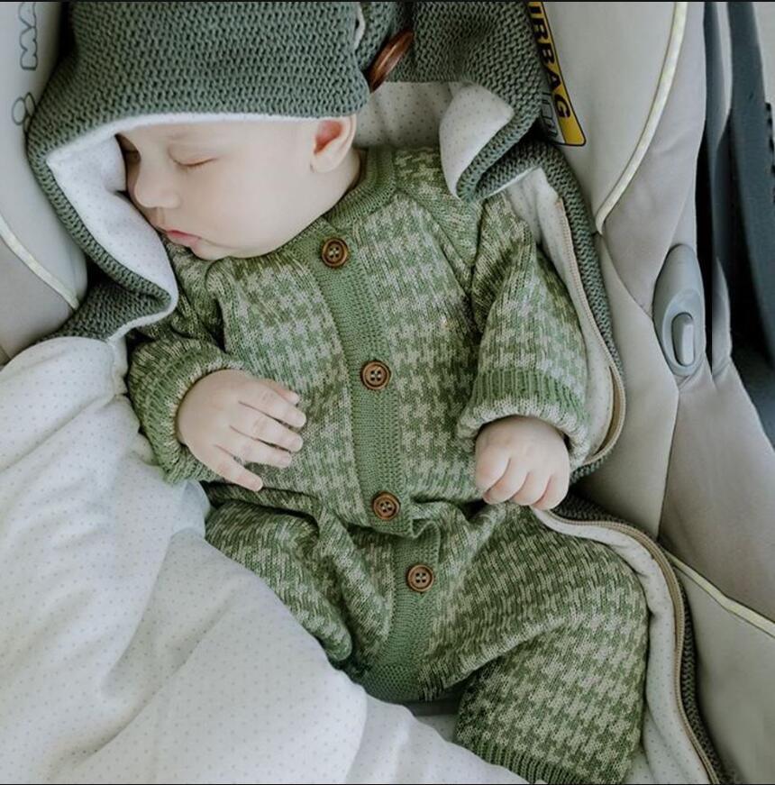 Knitted Newborn Baby Romper with Plaid Hat Cotton Jumpsuit