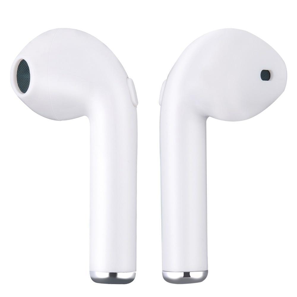 Minimalist wireless Bluetooth earbuds in white, red, and black with a matching charging case.