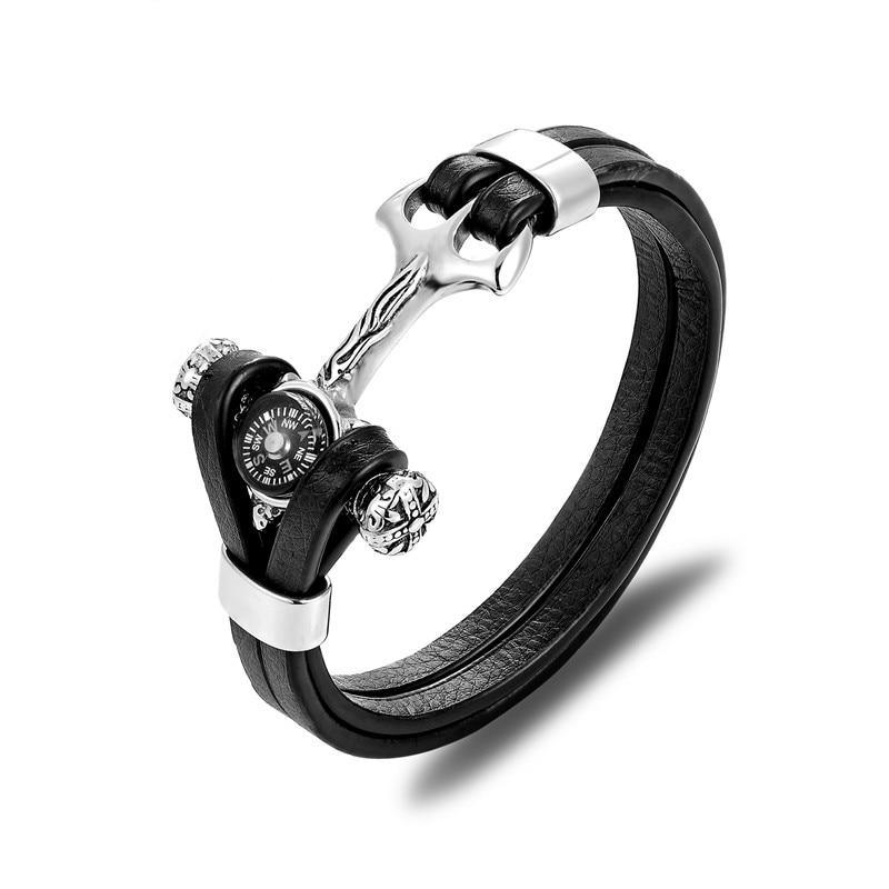 Multi-Layer Leather & Stainless Steel Nautical Charm Bracelet