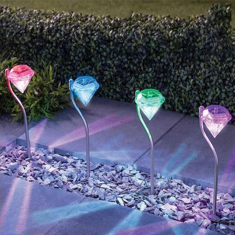 4-Pack Solar Diamond Garden Lights, Warm White & Multicolor Path Lamps