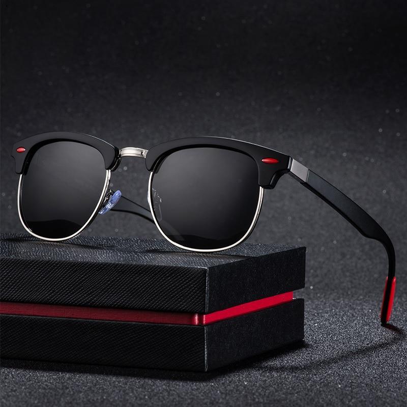 Retro square half metal frame sunglasses with polarized lenses in black and silver