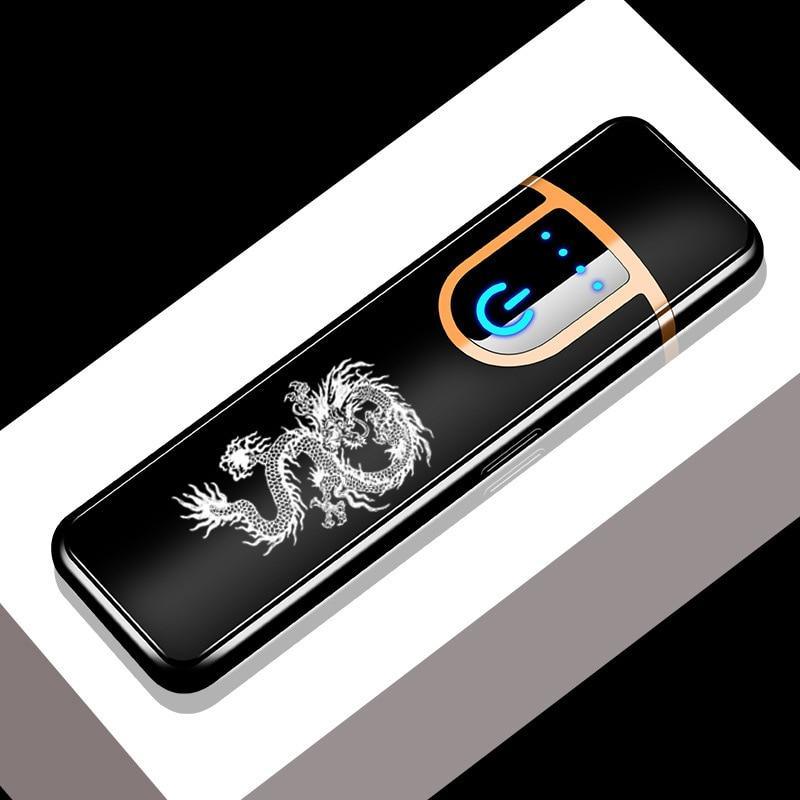 Sleek black electronic lighter with dragon engraving and blue LED lights against a minimalist background.