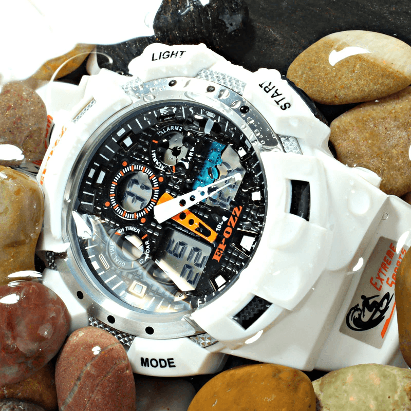 Men's military-inspired sports digital watch in black with large 55mm dial and digital display
