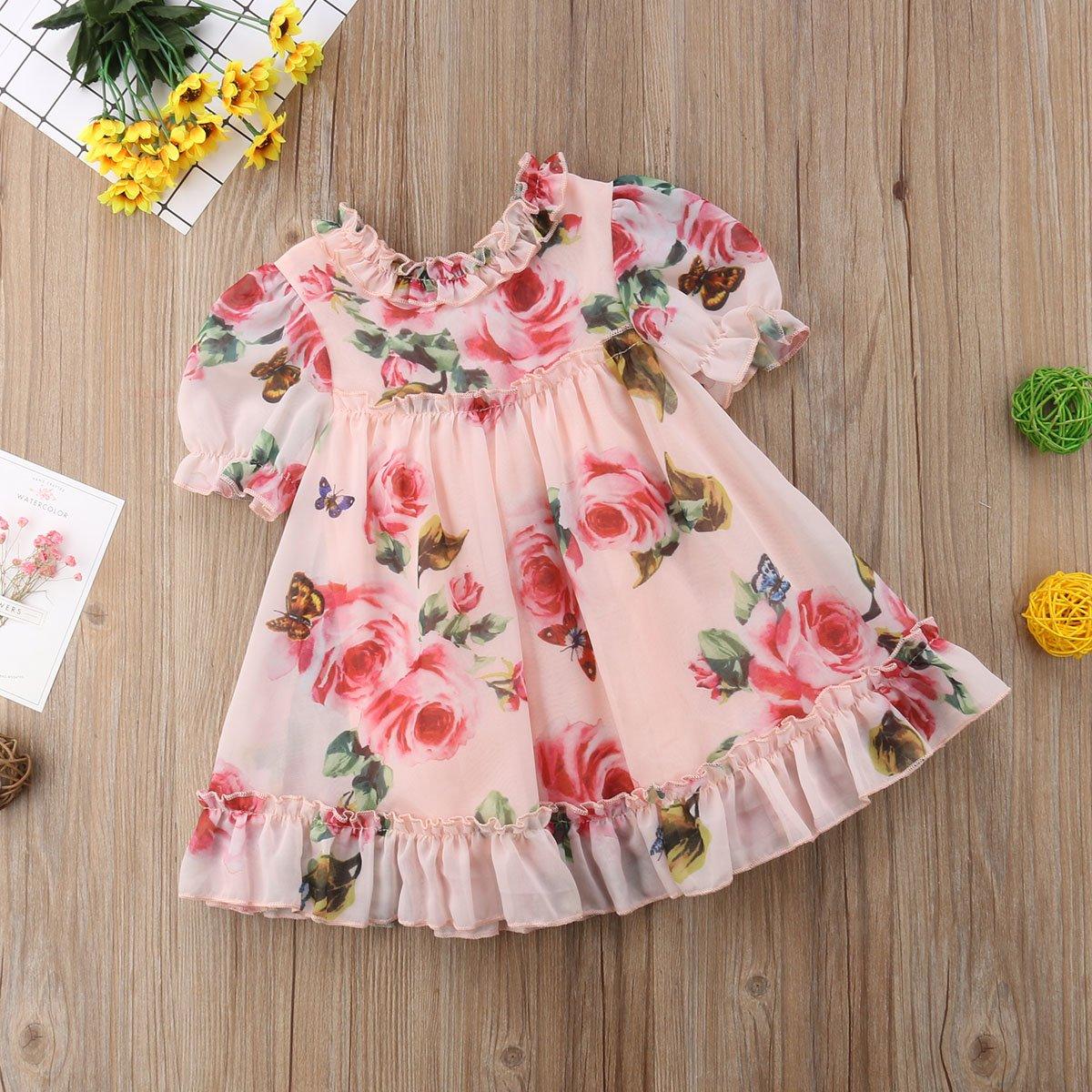 Floral Chiffon A-Line Dress with Lace Ruffle Sleeves